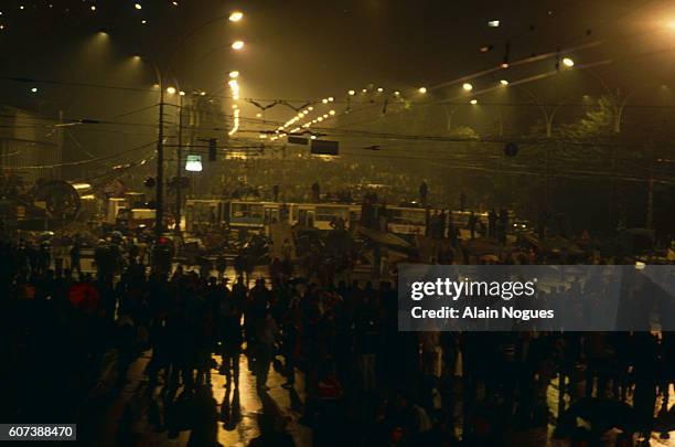 Demonstrators gather outside the Kremlin during a 1991 coup attempt in Moscow. The State Committee for the State of Emergency, a group led by USSR...