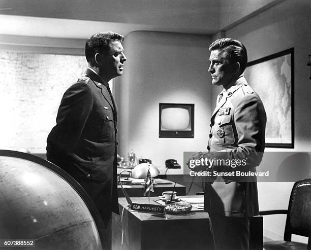 American actors Burt Lancaster and Kirk Douglas on the set of Seven Days in May, directed by John Frankenheimer.