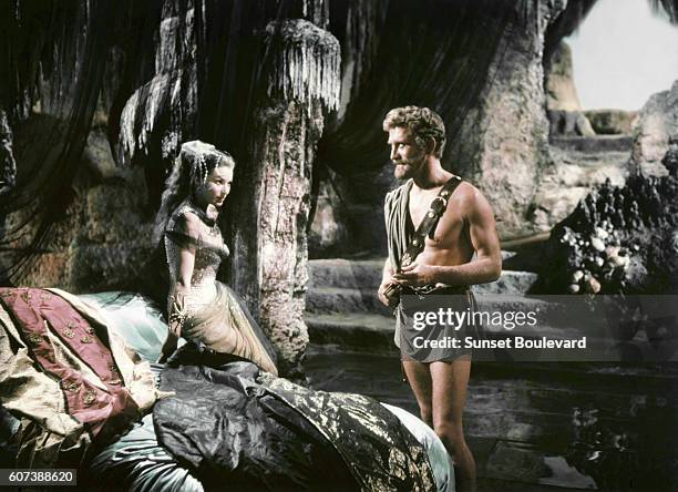 Italian actress Silvana Mangano and American actor Kirk Douglas on the set of Ulisse , directed by Mario Camerini.