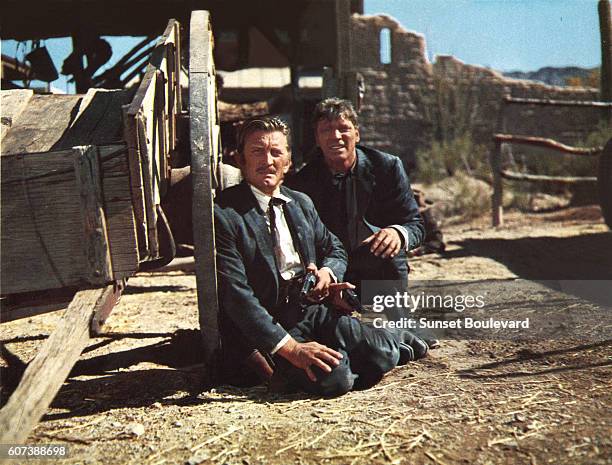 American actors Burt Lancaster and Kirk Douglas on the set of Gunfight at the O.K. Corral, directed by John Sturges.