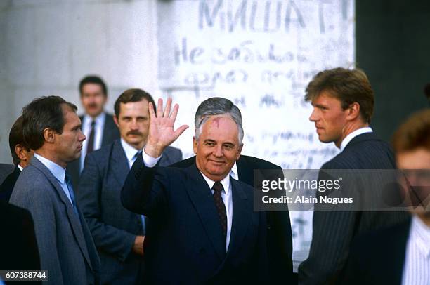 Soviet President Mikhail Gorbachev leaves the Russian White House after a 1991 coup attempt is thwarted. The State Committee for the State of...