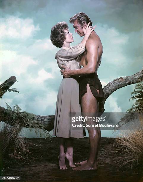 Actors Joanna Barnes and Dennis Miller on the set of "Tarzan the Ape Man".