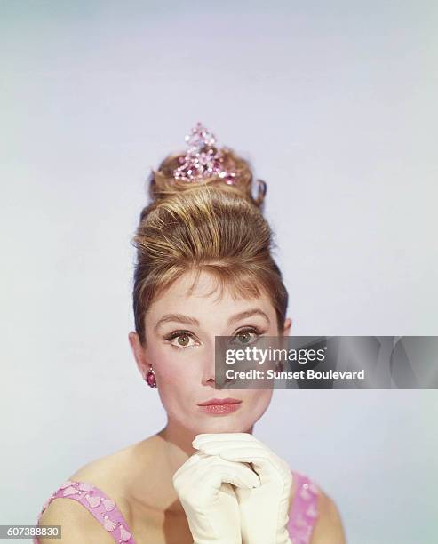 British actress Audrey Hepburn on the set of Breakfast at Tiffany's, based on the novel by Truman Capote and directed by Blake Edwards.