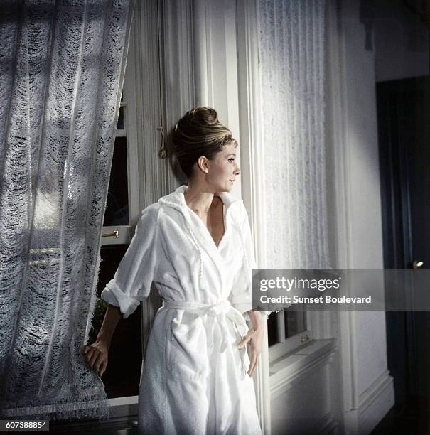 British actress Audrey Hepburn on the set of Breakfast at Tiffany's, based on the novel by Truman Capote and directed by Blake Edwards.