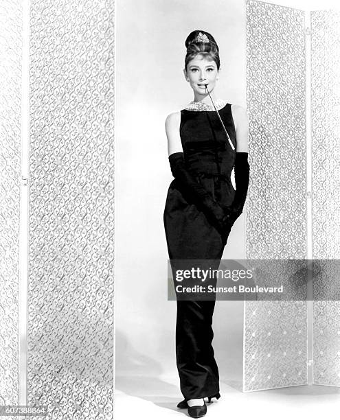 British actress Audrey Hepburn on the set of Breakfast at Tiffany's based on the novel by Truman Capote and directed by Blake Edwards.