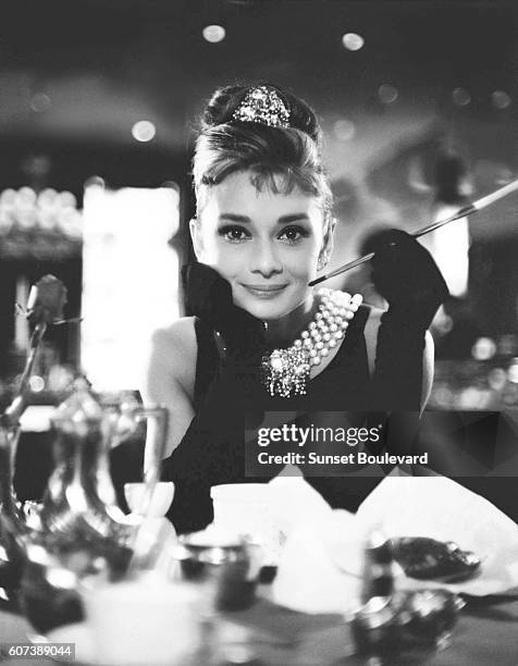 British actress Audrey Hepburn on the set of Breakfast at Tiffany's, based on the novel by Truman Capote and directed by Blake Edwards.