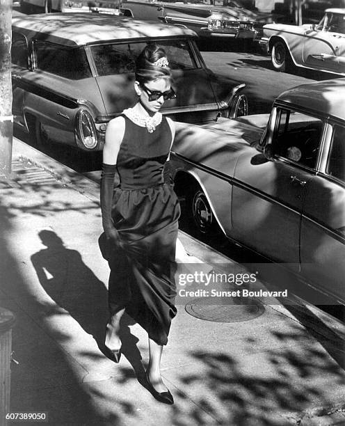 British actress Audrey Hepburn on the set of Breakfast at Tiffany's, based on the novel by Truman Capote and directed by Blake Edwards.