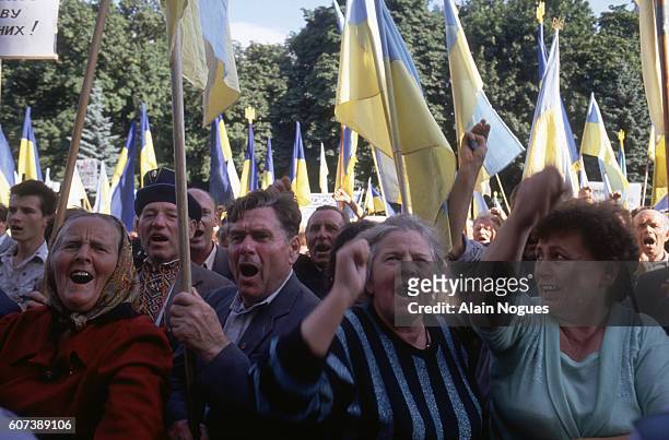 Following Ukrainian independence, a crowd holds a demonstration outside Soviet headquarters in Kiev. Ukraine was controlled by the Soviet Union from...