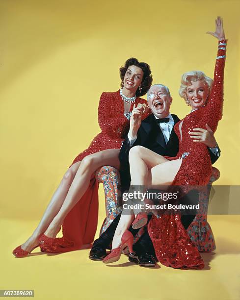 American actors Charles Coburn, Jane Russell and Marilyn Monroe on the set of Gentlemen Prefer Blondes, directed by Howard Hawks.