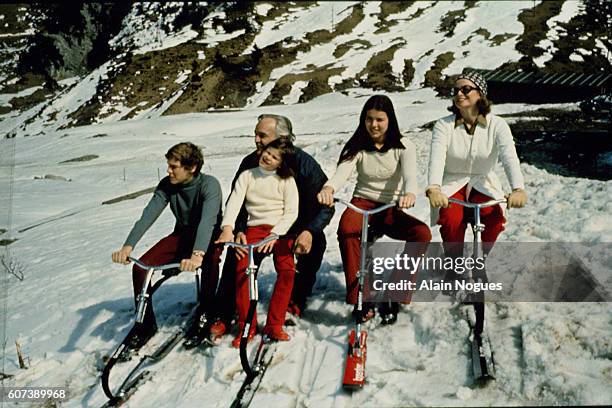 Grace of Monaco, Prince Rainier, Albert and Stephanie on a skiing holiday in 1960.