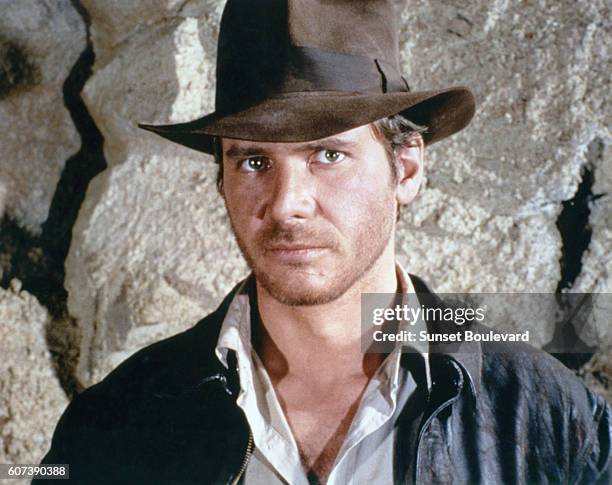 American actor Harrison Ford on the set of "Raiders of the Lost Ark".