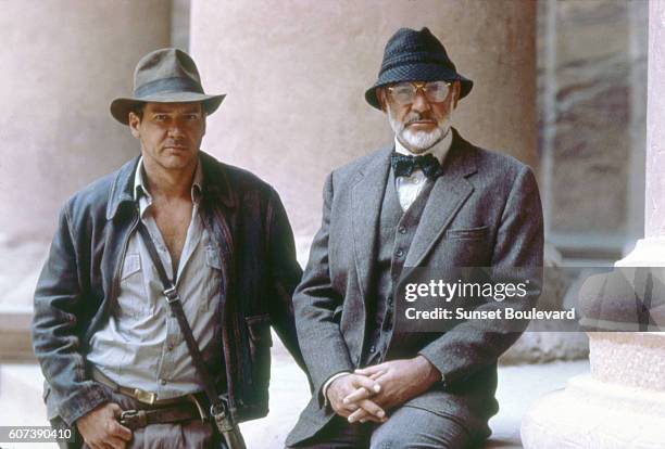 Actors Harrison Ford and Sean Connery on the set of "Indiana Jones and the Last Crusade".