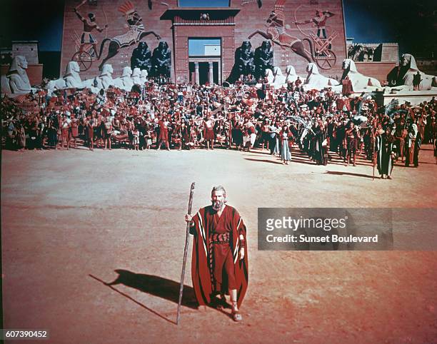 American actor Charlton Heston on the set of The Ten Commandments, directed by Cecil B. DeMille.