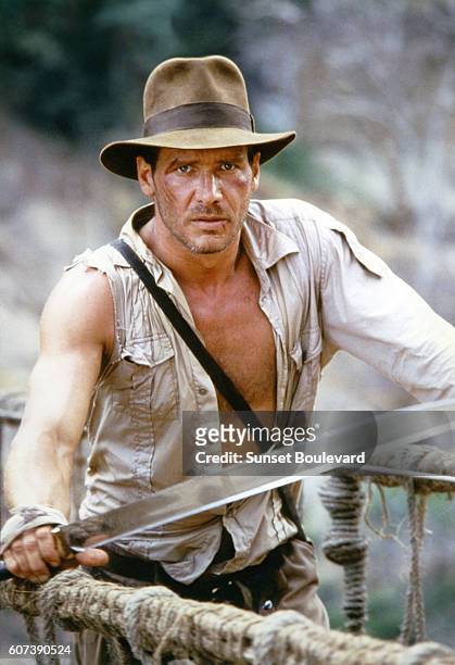 American actor Harrison Ford on the set of "Indiana Jones and the Temple of Doom".