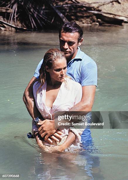 Scottish actor Sean Connery and Swiss actress Ursula Andress on the set of Dr. No, based on the novel by Ian Fleming, and directed by Terence Young.