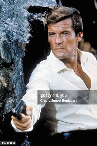 Actor Roger Moore on the set of "The Man With The Golden Gun".
