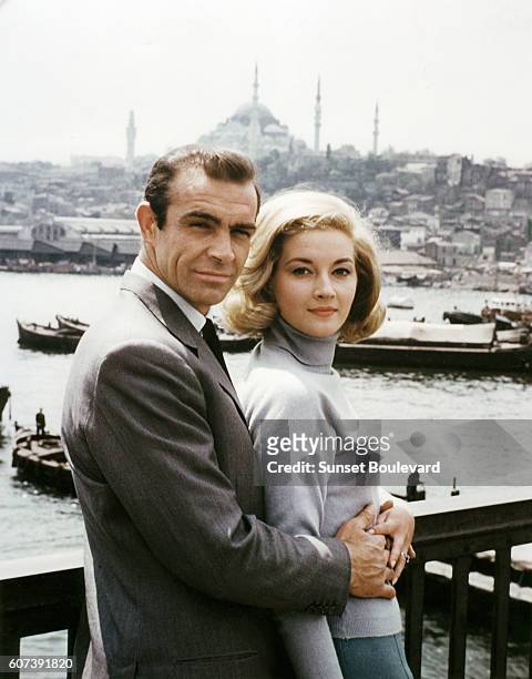 Scottish actor Sean Connery and Italian actress Daniela Bianchi on the set of From Russia With Love, directed by Terence Young.