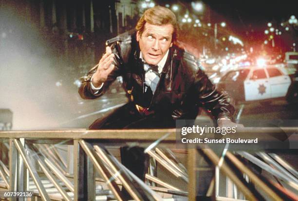 Actor Roger Moore on the set of "View To Kill".