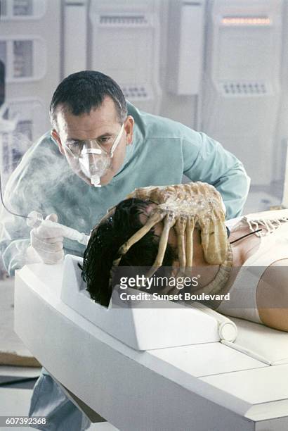 Actors Ian Holm and John Hurt on the set of "Alien".