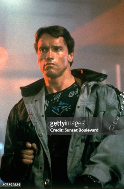 Actor Arnold Schwarzenegger on the set of "Terminator".