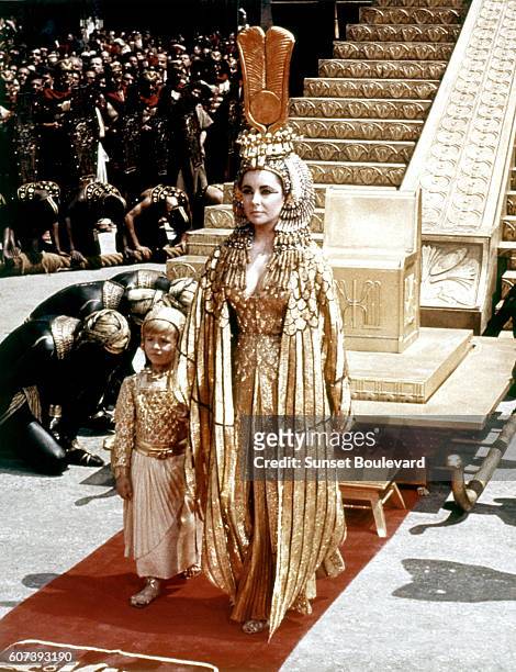 British actress Elizabeth Taylor on the set of Cleopatra, directed by American Joseph L. Mankiewicz.
