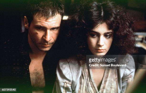 Harrison Ford and Sean Young on the set of "Blade Runner", directed by Ridley Scott.