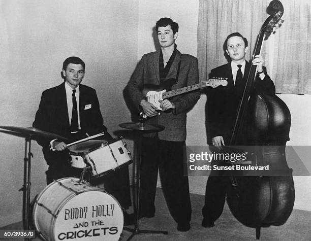 American singer and guitarist Buddy Holly with his band, drummer Jerry Allison and bassist Joe B. Mauldin, circa 1958.
