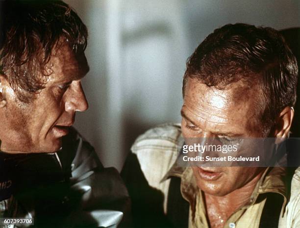 American actors Paul Newman and Steve McQueen on the set of The Towering Inferno, based on the novel by Richard Martin Stern, and directed by John...