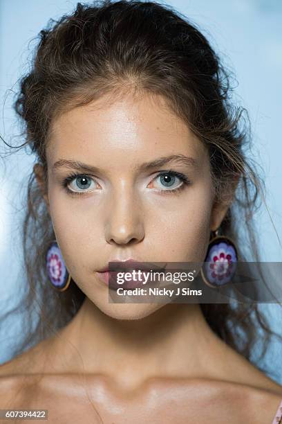 Model is seen backstage ahead of the Barrus show during London Fashion Week Spring/Summer collections 2017 at Fashion Scout on September 16, 2016 in...