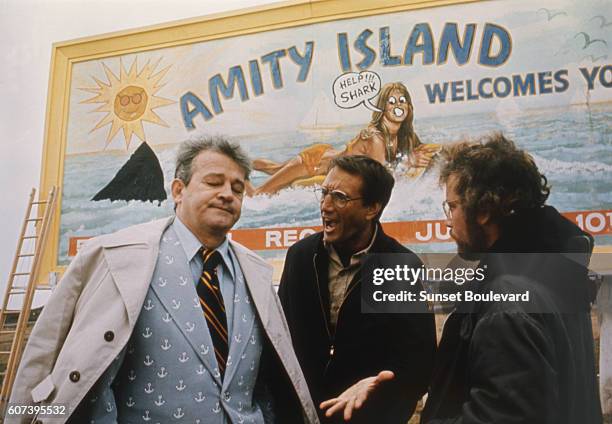 American actors Murray Hamilton, Roy Scheider, and Richard Dreyfuss on the set of Jaws, directed by Steven Spielberg.