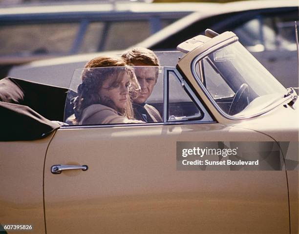 British actress Jacqueline Bisset and American actor Steve McQueen on the set of Bullitt, directed by Peter Yates.