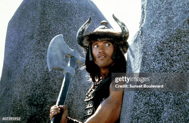 Austrian-born American actor Arnold Schwarzenegger on the set of Conan the Barbarian, directed by John Milius.