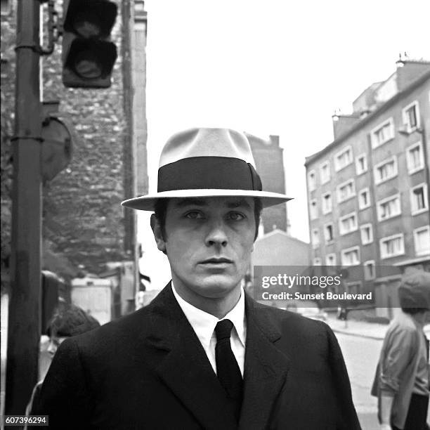 French actor Alain Delon on the set of Le Samourai, written and directed by Jean-Pierre Melville.