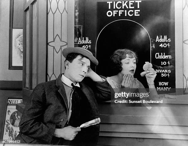 American comic actor, director and producer Buster Keaton on the set of his movie Sherlock Jr..