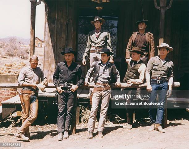 James Coburn, Brad Dexter, Steve McQueen, Yul Brynner, Horst Buchholz, Robert Vaughn and Charles Bronson on the set of The Magnificent Seven,...