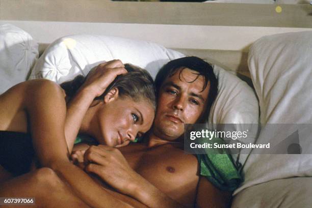 Alain Delon and Romy Schneider on the set of "La Piscine".