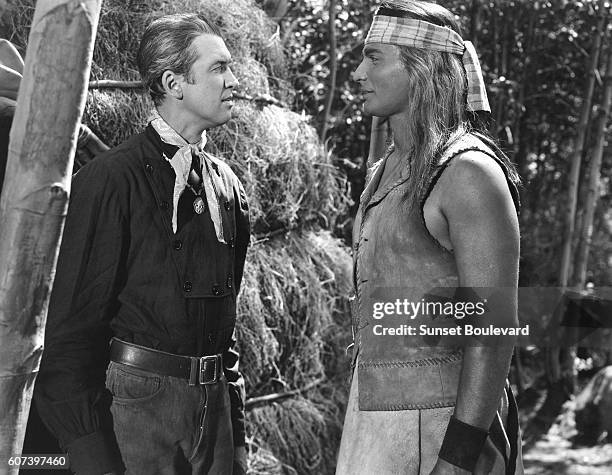 James Stewart and Jeff Chandler on the set of "Broken Arrow".