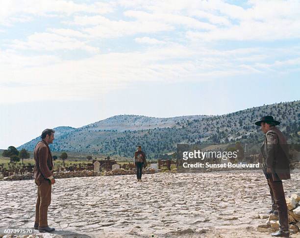 American actors Eli Wallach, Clint Eastwood and Lee Van Cleef on the set of The Good, The Bad and The Ugly , written and directed by Italian Sergio...