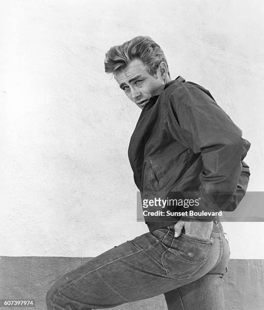 American actor James Dean on the set of Rebel Without a Cause, directed by Nicholas Ray.