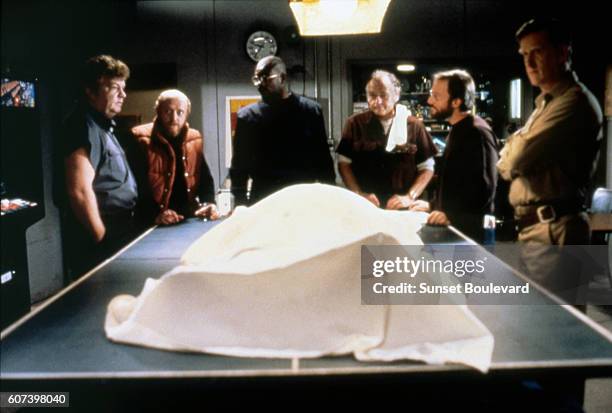 Charles Hallahan, Peter Maloney, Keith David, Wilford Brimley, Joel Polis and Donald Moffat on the set of "The Thing".