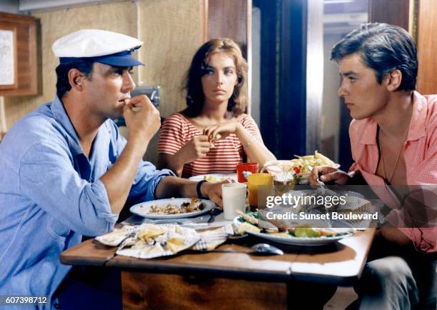 Alain Delon, Marie Laforet and Maurice Ronet on the set of "Plein Soleil".