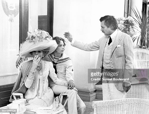 Italian actress Silvana Mangano, Swedish actor Bjorn Andresen, and British actor Dirk Bogarde on the set of Morte a Venezia , written and directed by...