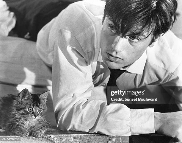 French actor Alain Delon on the set of Les Felins , written and directed by Rene Clement.