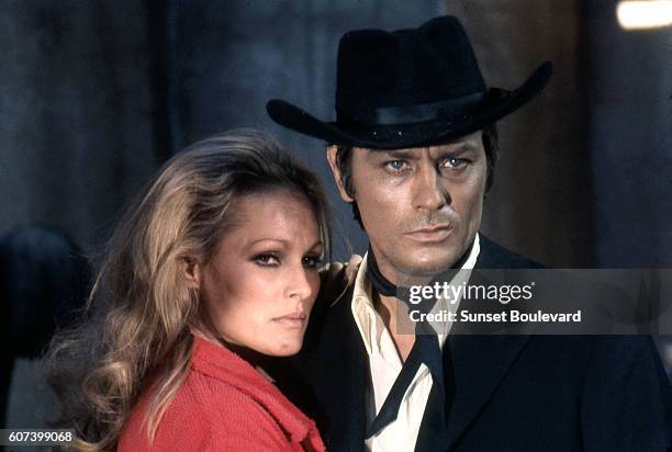 Swiss actress Ursula Andress and French actor Alain Delon on the set of Soleil Rouge , directed by British Terence Young.