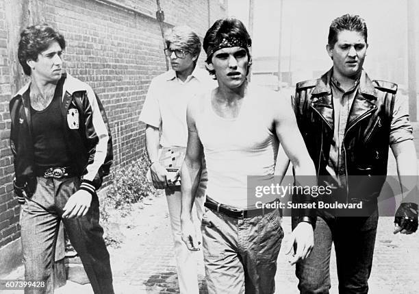 American actors Nicolas Cage, Matt Dillon and Chris Penn on the set of Rumble Fish, written, directed, and produced by Francis Ford Coppola.