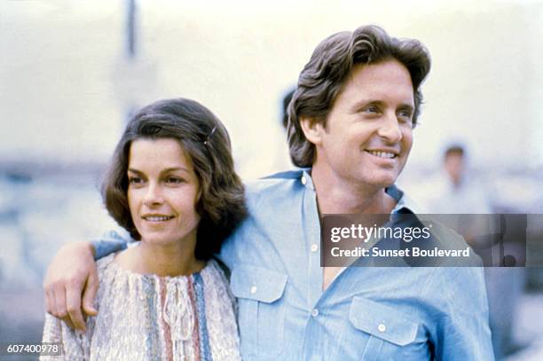 Canadian actress Genevieve Bujold and American actor Michael Douglas on the set of Coma written and directed by American Michael Crichton.