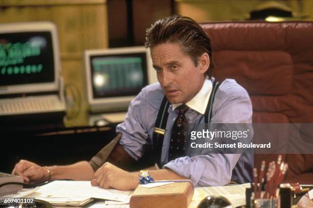 American actor Michael Douglas on the set of Wall Street written and directed by Oliver Stone.