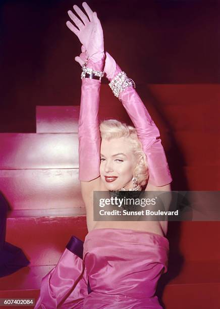 American actress and singer Marilyn Monroe on the set of Gentlemen Prefer Blondes directed by Howard Hawks.