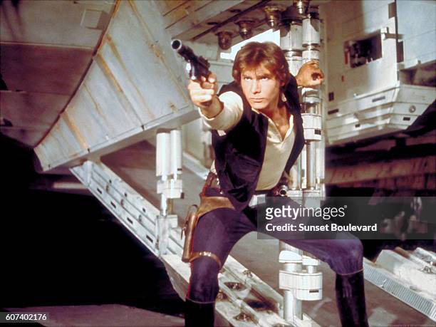 American actor Harrison Ford, as Hans Solo, on the set of Star Wars: Episode IV - A New Hope written, directed and produced by Georges Lucas.