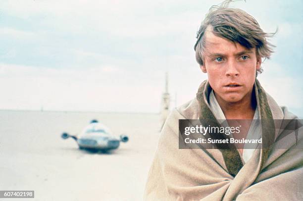 American actor Mark Hamill on the set of Star Wars: Episode IV - A New Hope written, directed and produced by Georges Lucas.